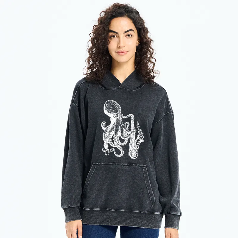 Tokyo-Tiger Octopus Playing Saxophone Washed Hoodie