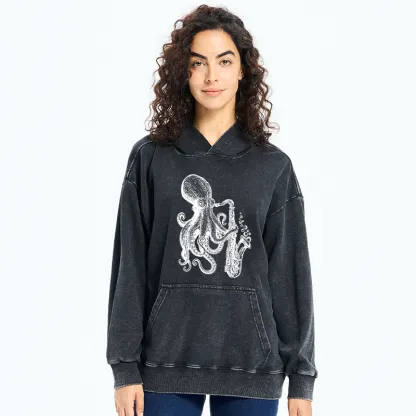 Tokyo-Tiger Octopus Playing Saxophone Washed Hoodie