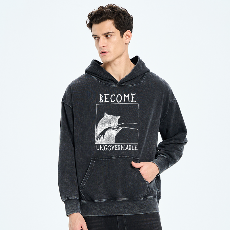 Tokyo-Tiger Cat Biting Arm Washed Hoodie