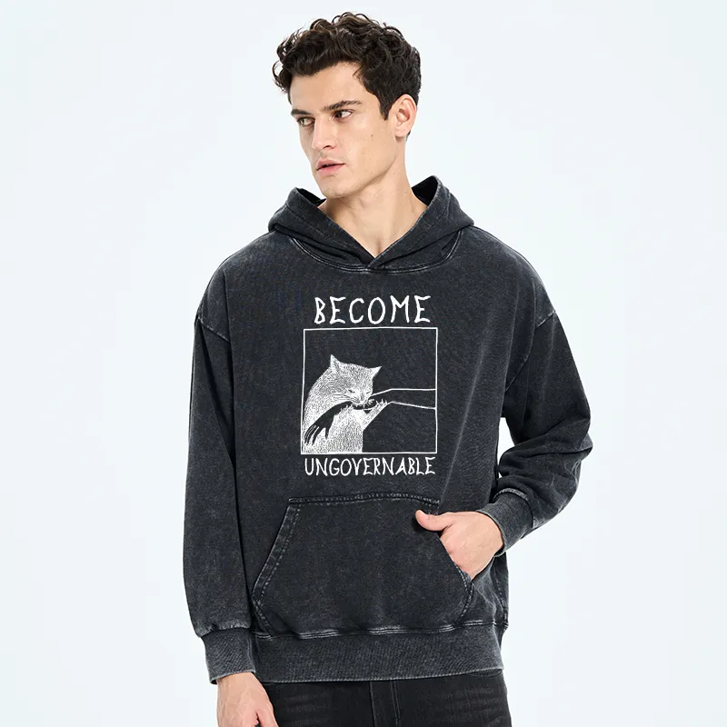 Tokyo-Tiger Cat Biting Arm Washed Hoodie