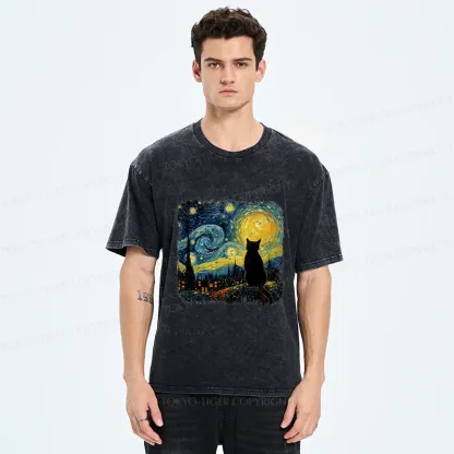 Tokyo-Tiger The Starry Night Cat Washed T-Shirt