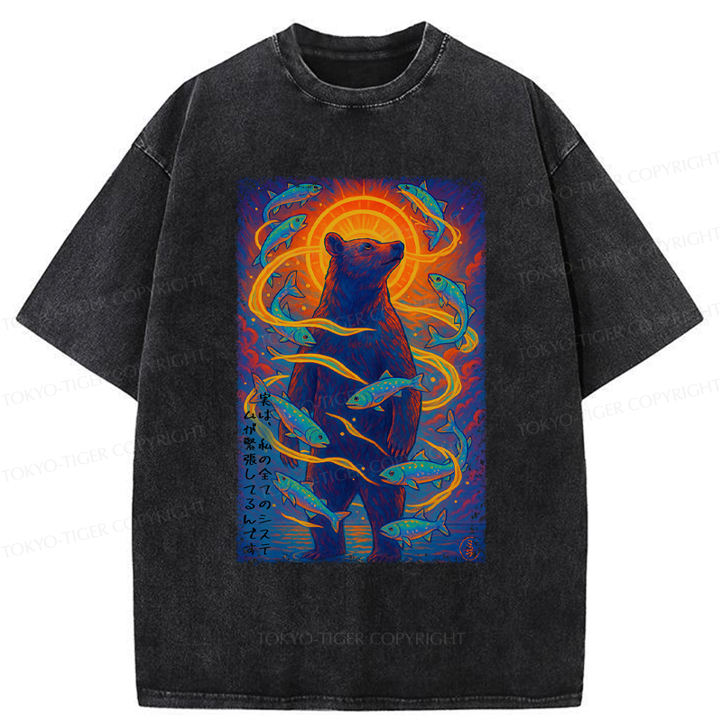 Tokyo-Tiger Ukiyoe Bear and Fish Vintage Poster T-Shirt 