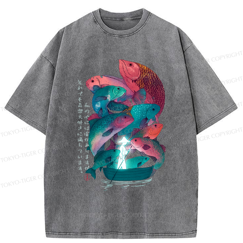 Tokyo-Tiger Japanese Ukiyoe Fish Vintage Poster Washed T-Shirt 