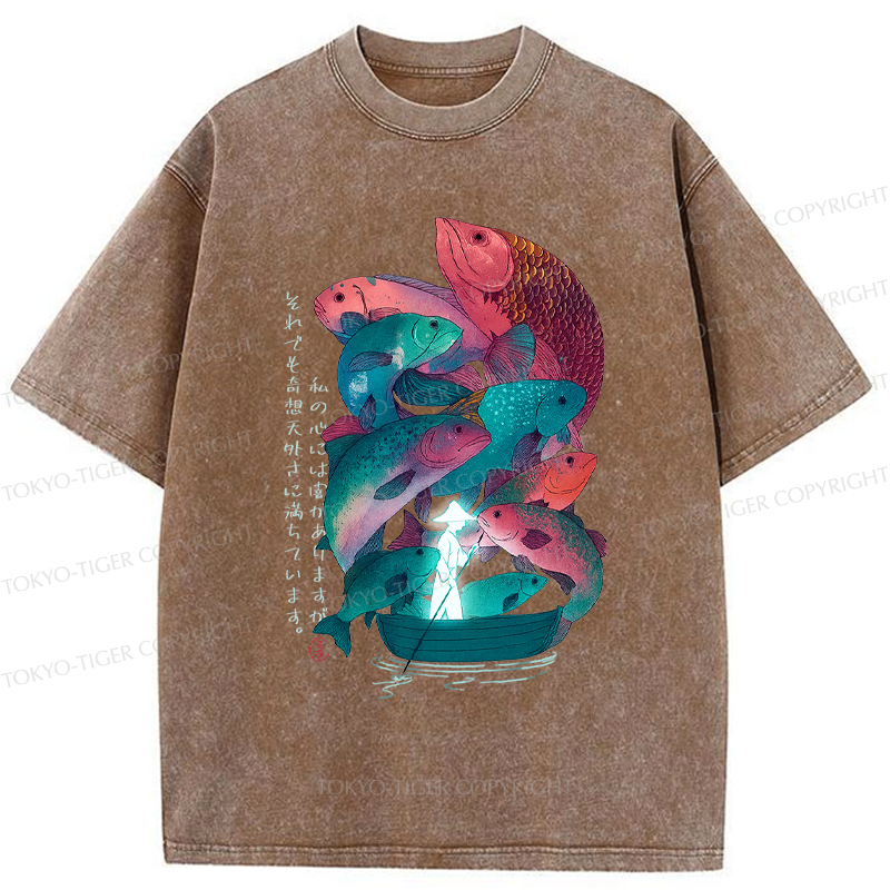 Tokyo-Tiger Japanese Ukiyoe Fish Vintage Poster Washed T-Shirt 