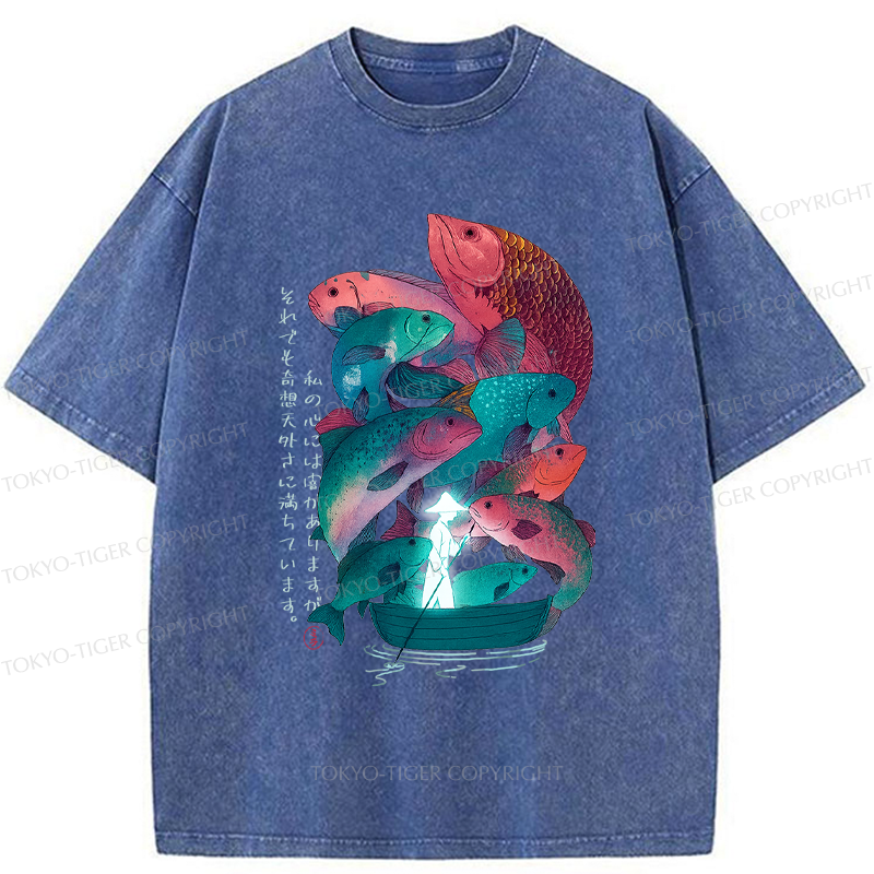 Tokyo-Tiger Japanese Ukiyoe Fish Vintage Poster Washed T-Shirt 