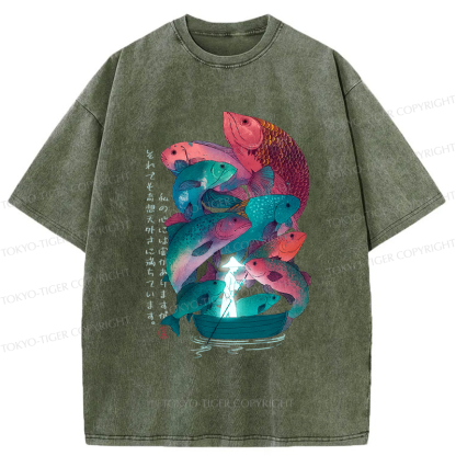 Tokyo-Tiger Japanese Ukiyoe Fish Vintage Poster Washed T-Shirt 