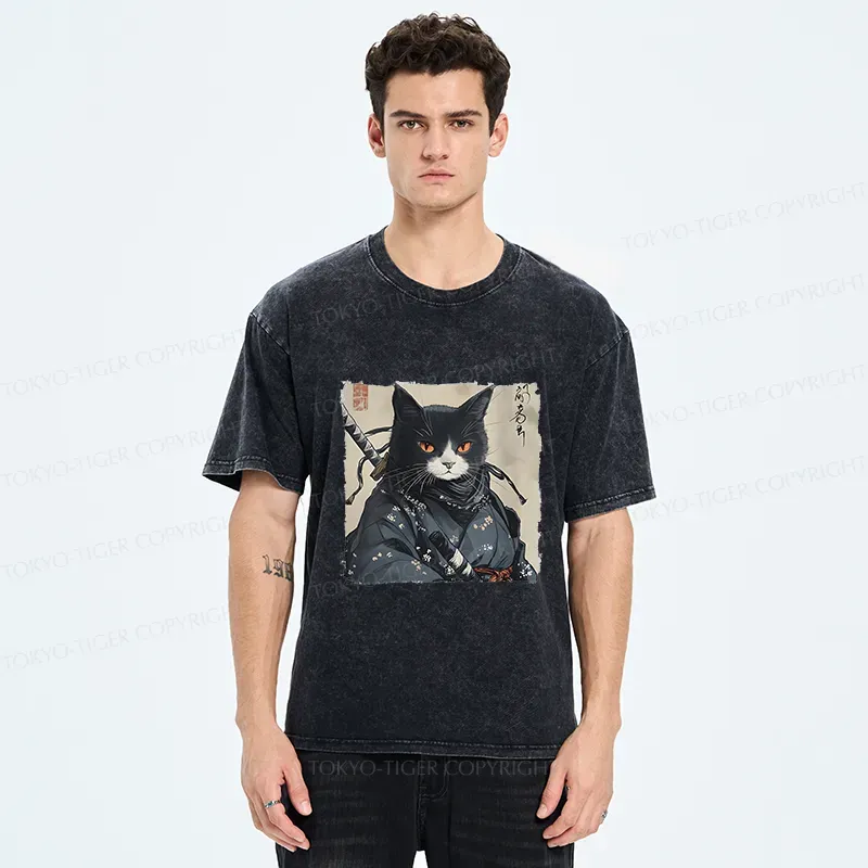 Tokyo-Tiger Handsome Samurai Cat Washed T-Shirt