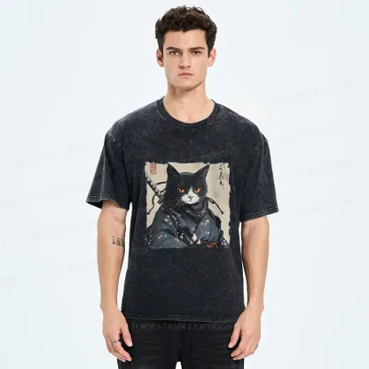 Tokyo-Tiger Handsome Samurai Cat Washed T-Shirt