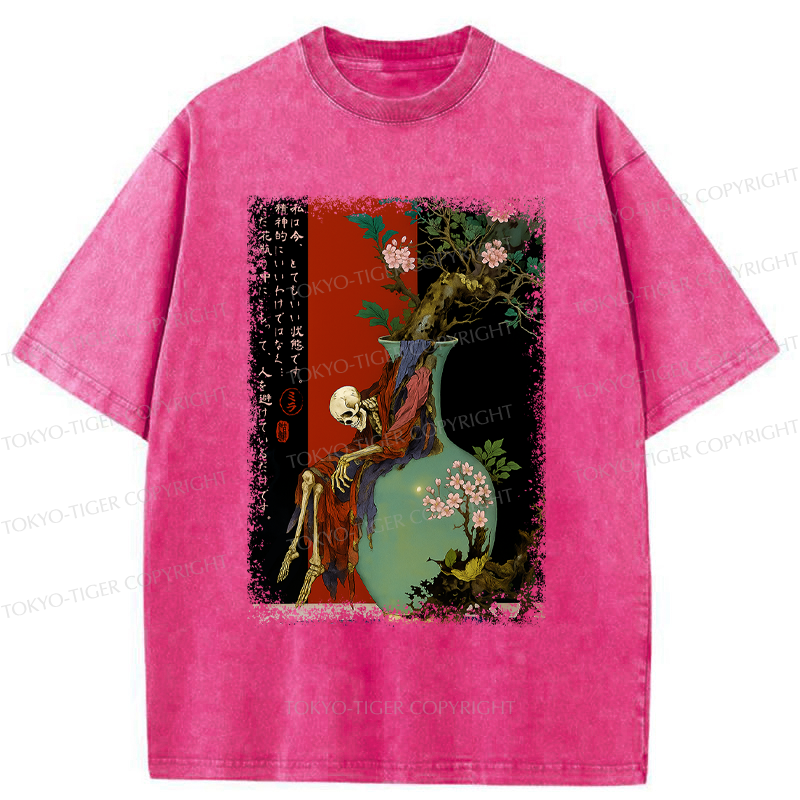 Tokyo-Tiger Flower Skeleton  Japanese Ukiyoe Halloween Poster Washed T-Shirt 