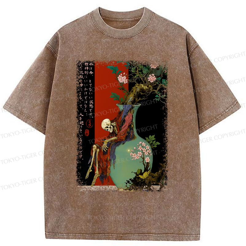 Tokyo-Tiger Flower Skeleton  Japanese Ukiyoe Halloween Poster Washed T-Shirt 