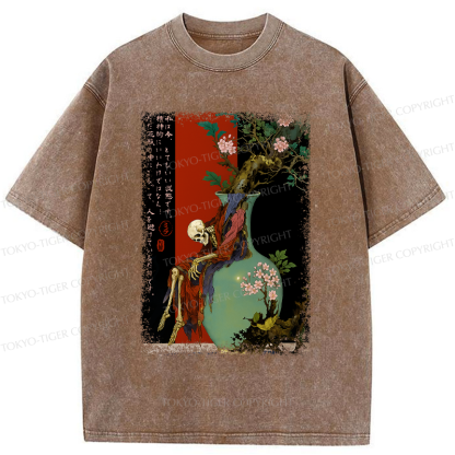 Tokyo-Tiger Flower Skeleton  Japanese Ukiyoe Halloween Poster Washed T-Shirt 