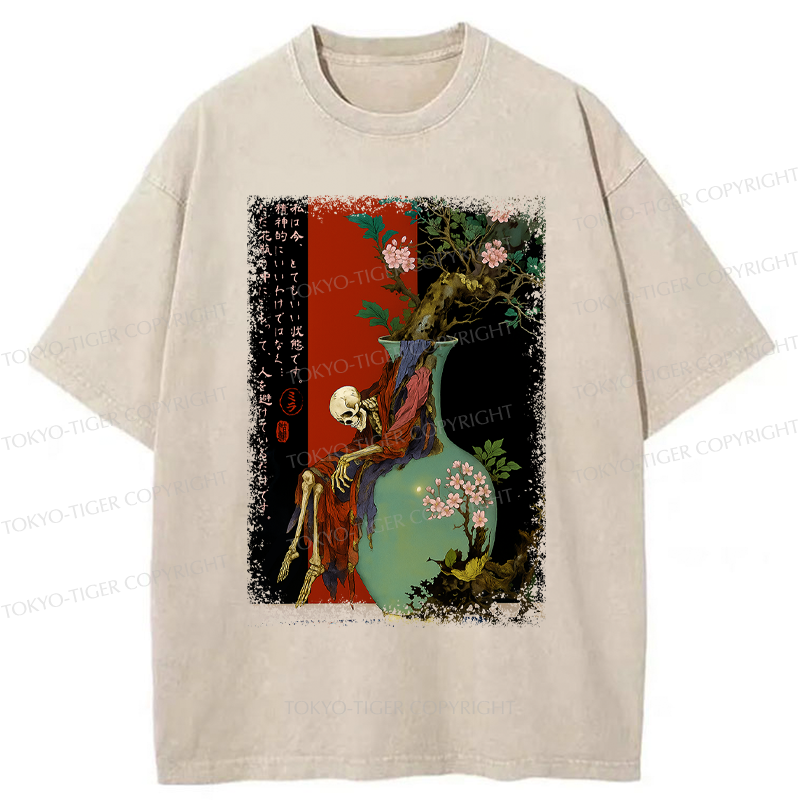 Tokyo-Tiger Flower Skeleton  Japanese Ukiyoe Halloween Poster Washed T-Shirt 