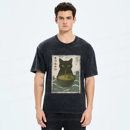 Tokyo-Tiger Black Cat and Matcha with Waves Washed T-Shirt