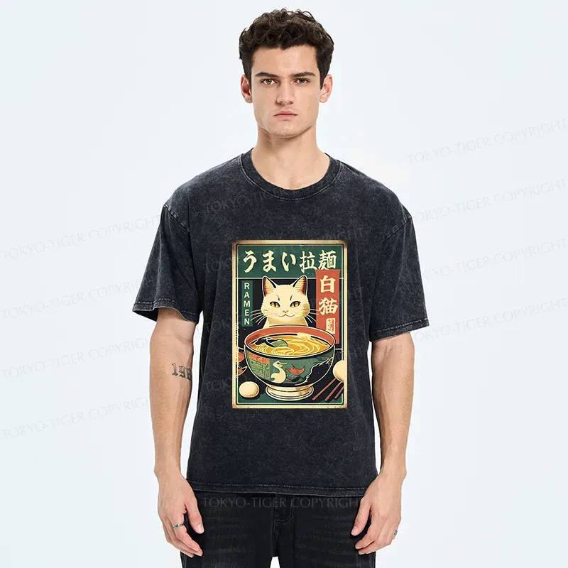 Tokyo-Tiger White Cat Eating Ramen Washed T-Shirt