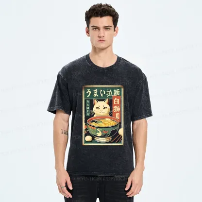 Tokyo-Tiger White Cat Eating Ramen Washed T-Shirt