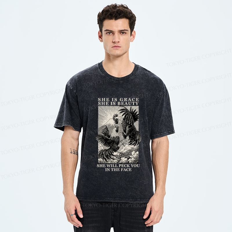 Tokyo-Tiger Funny Vintage Woodblock Chicken And Mountain  Washed T-Shirt