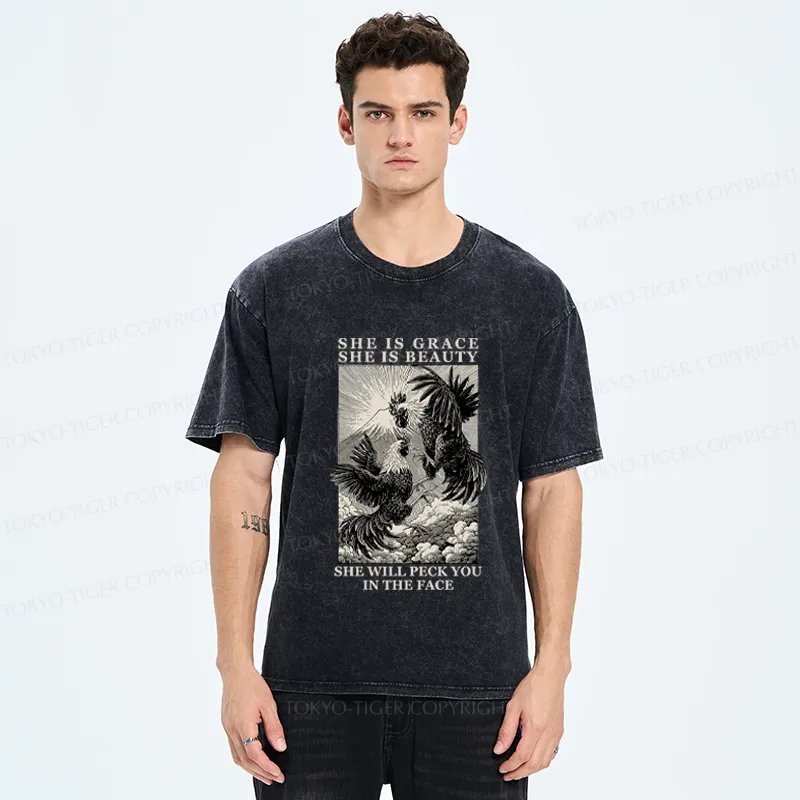 Tokyo-Tiger Funny Vintage Woodblock Chicken And Mountain  Washed T-Shirt