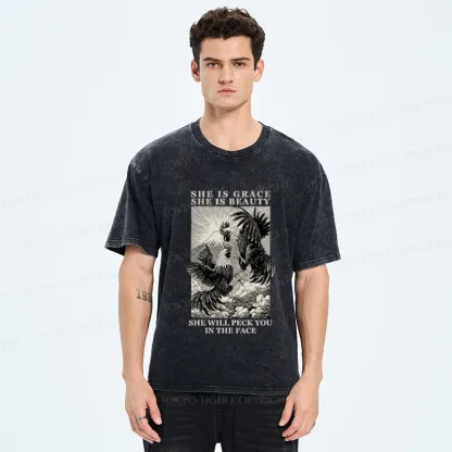 Tokyo-Tiger Funny Vintage Woodblock Chicken And Mountain  Washed T-Shirt