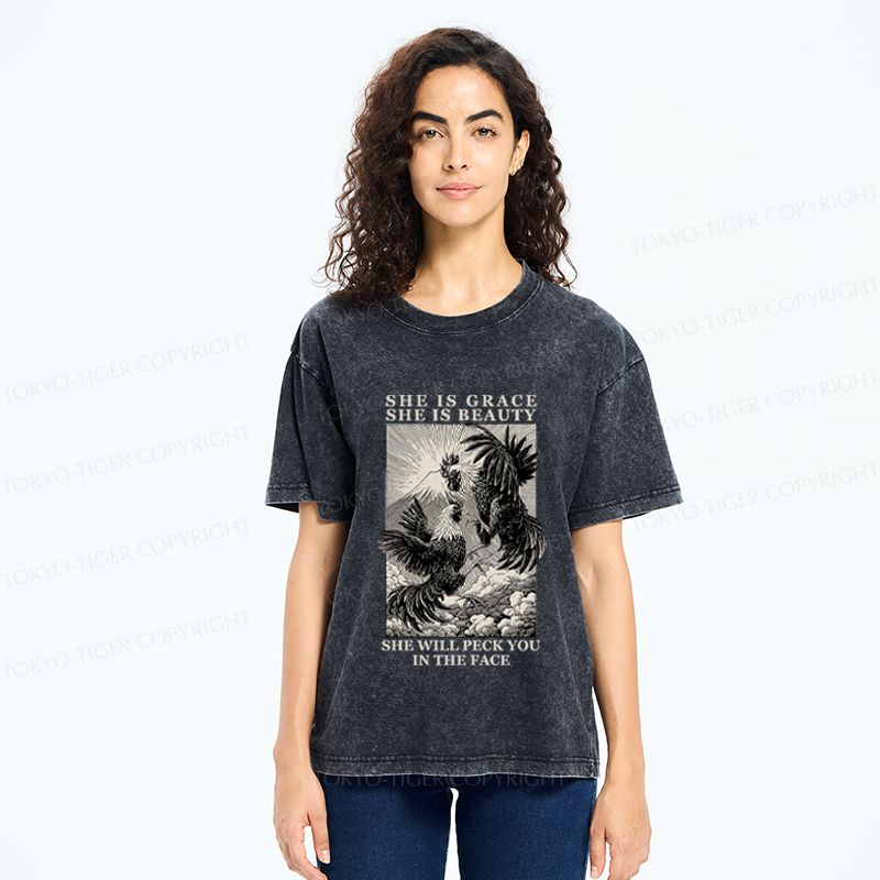 Tokyo-Tiger Funny Vintage Woodblock Chicken And Mountain  Washed T-Shirt