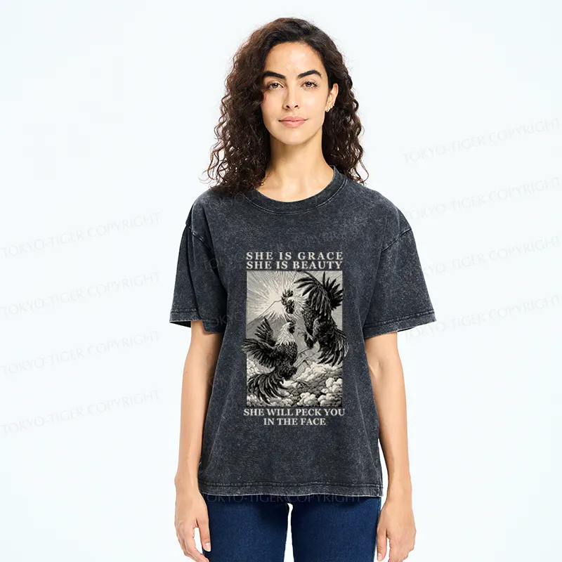 Tokyo-Tiger Funny Vintage Woodblock Chicken And Mountain  Washed T-Shirt