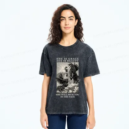 Tokyo-Tiger Funny Vintage Woodblock Chicken And Mountain  Washed T-Shirt