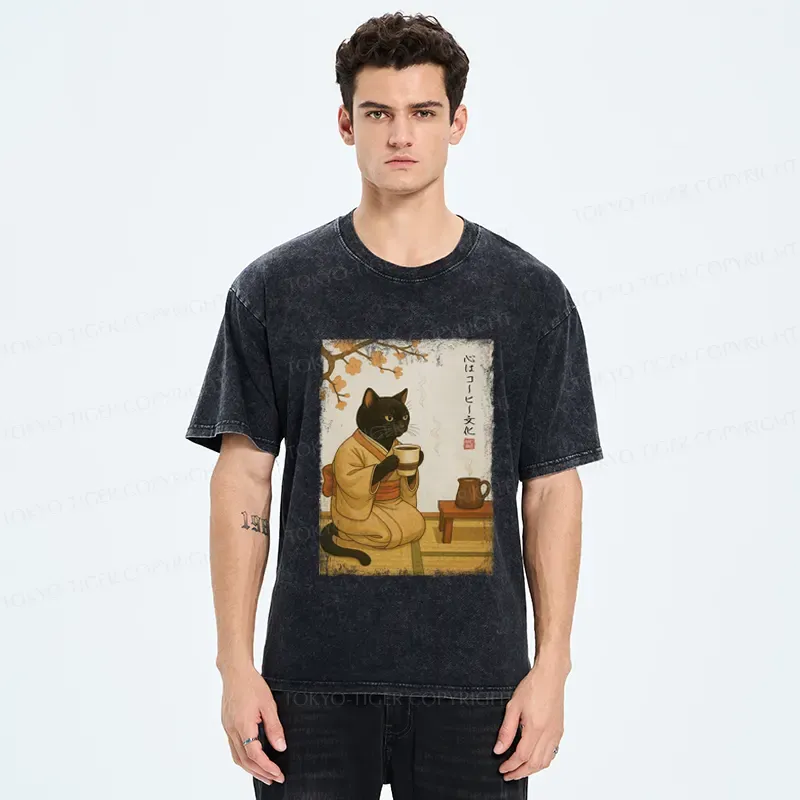 Tokyo-Tiger Cat Heart Full Of Coffee Washed T-Shirt