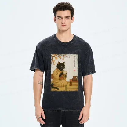 Tokyo-Tiger Cat Heart Full Of Coffee Washed T-Shirt