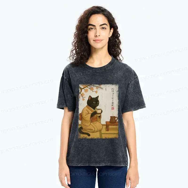 Tokyo-Tiger Cat Heart Full Of Coffee Washed T-Shirt