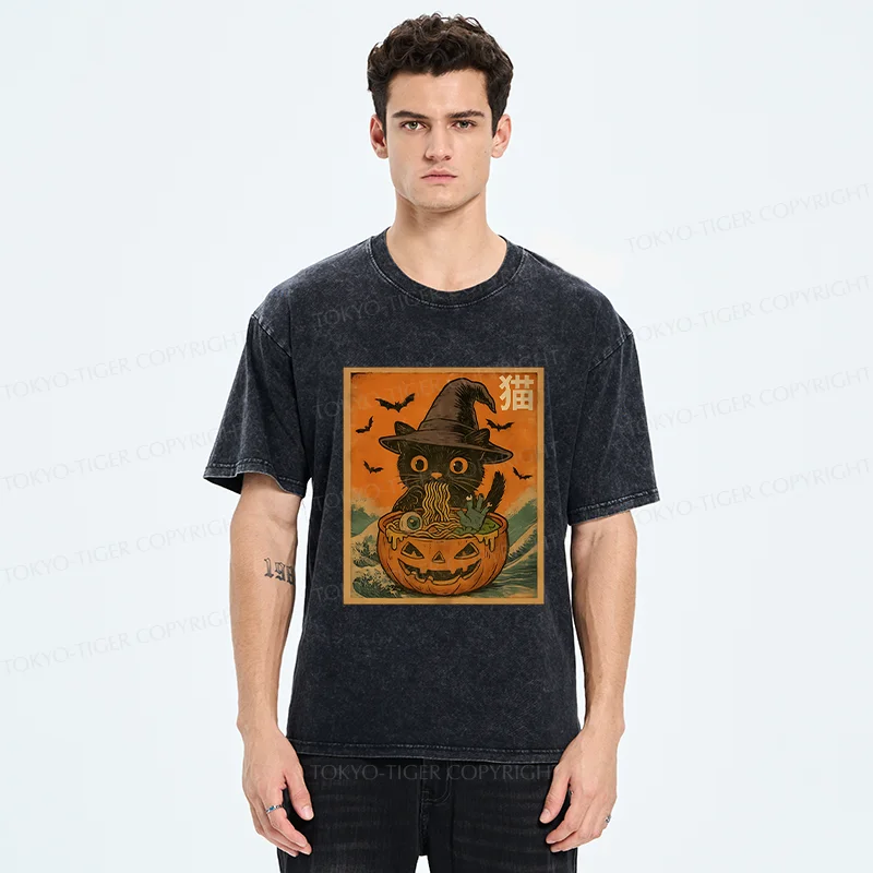 Tokyo-Tiger Halloween Cat Eating Ramen Washed T-Shirt