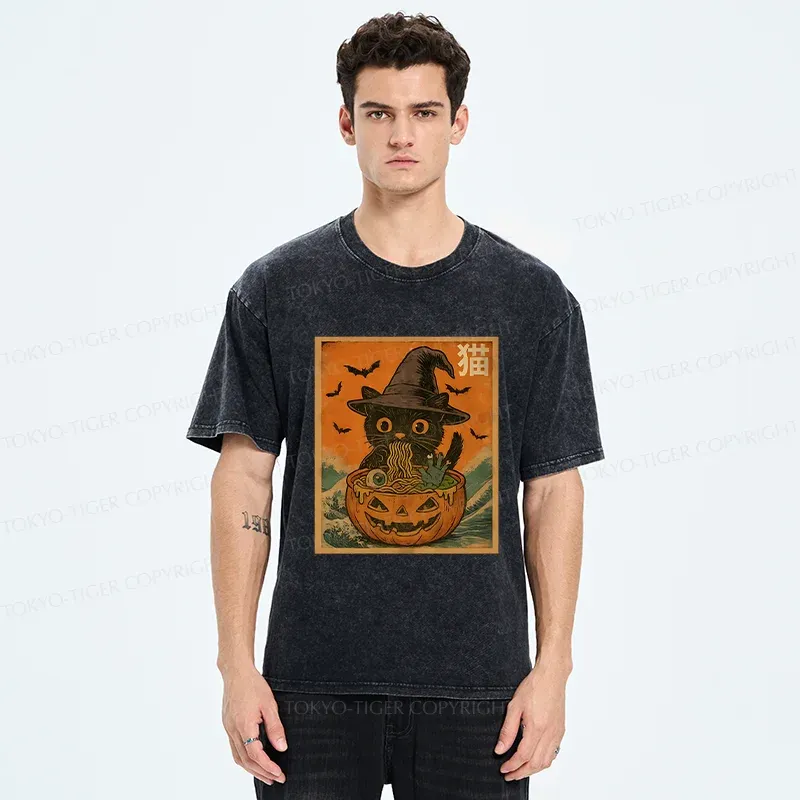 Tokyo-Tiger Halloween Cat Eating Ramen Washed T-Shirt