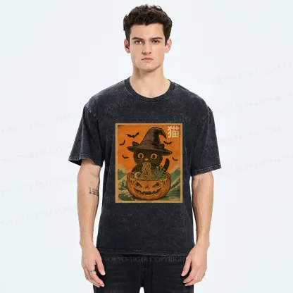 Tokyo-Tiger Halloween Cat Eating Ramen Washed T-Shirt