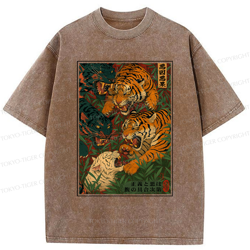 Tokyo-Tiger Vintage Ukiyoe Tiger Poster Washed T-Shirt