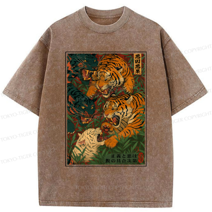 Tokyo-Tiger Vintage Ukiyoe Tiger Poster Washed T-Shirt