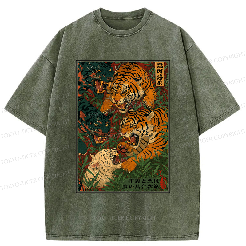 Tokyo-Tiger Vintage Ukiyoe Tiger Poster Washed T-Shirt