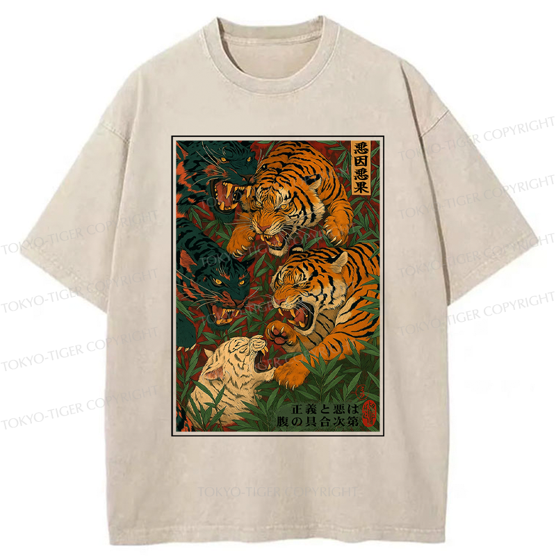 Tokyo-Tiger Vintage Ukiyoe Tiger Poster Washed T-Shirt