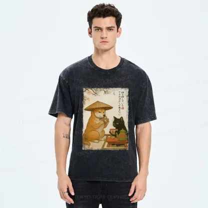 Tokyo-Tiger Tea Time with Shiba Inu and Black Cat Washed T-Shirt