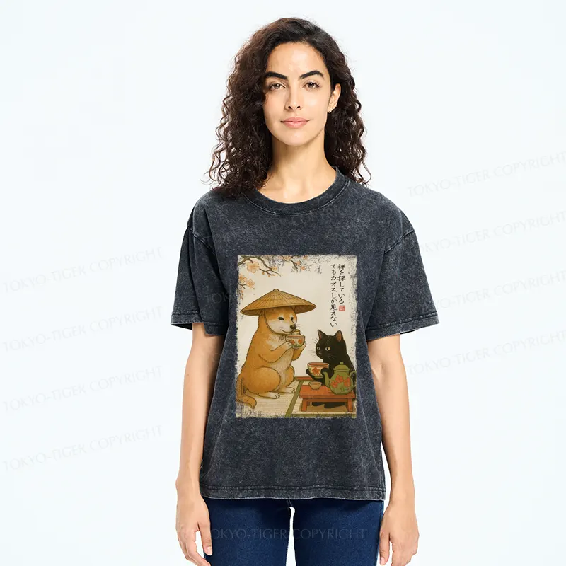 Tokyo-Tiger Tea Time with Shiba Inu and Black Cat Washed T-Shirt