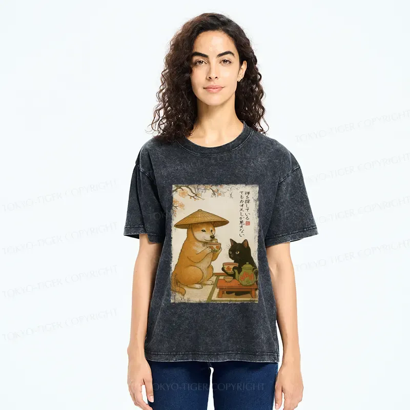 Tokyo-Tiger Tea Time with Shiba Inu and Black Cat Washed T-Shirt