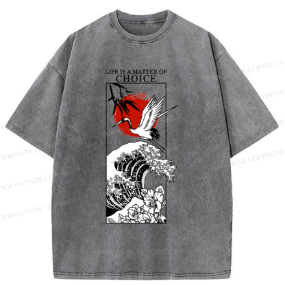 Tokyo-Tiger Japanese Crane And Wave Kanji Washed T-Shirt