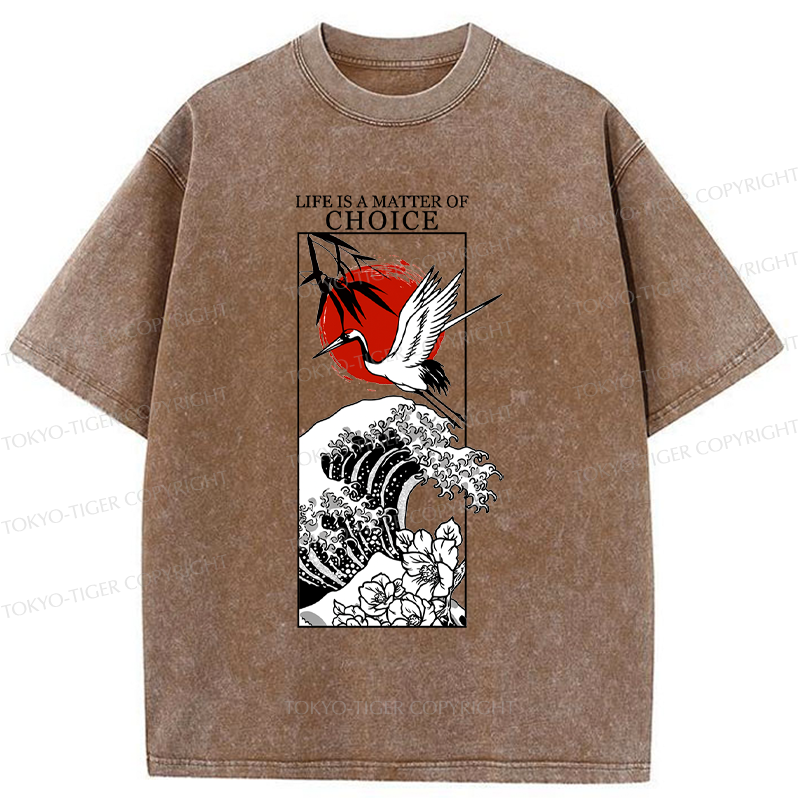 Tokyo-Tiger Japanese Crane And Wave Kanji Washed T-Shirt