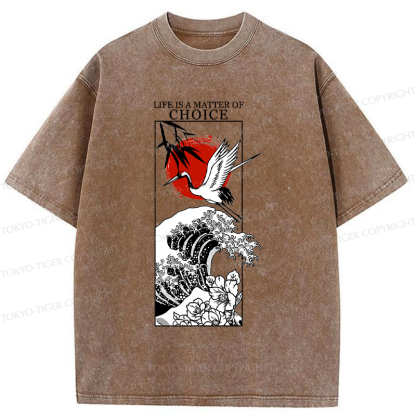 Tokyo-Tiger Japanese Crane And Wave Kanji Washed T-Shirt