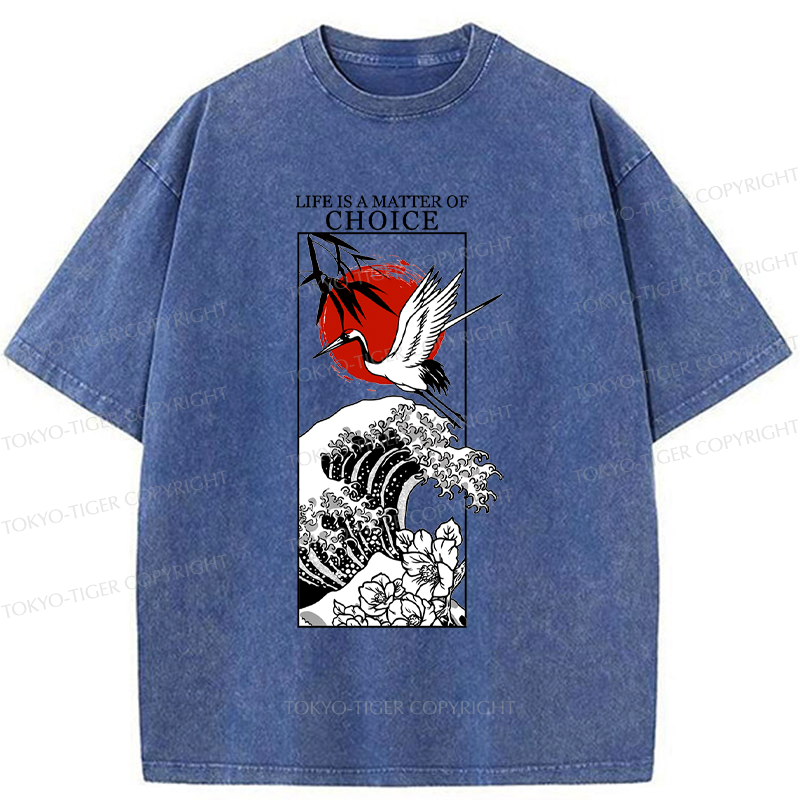 Tokyo-Tiger Japanese Crane And Wave Kanji Washed T-Shirt
