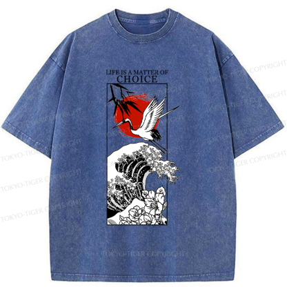 Tokyo-Tiger Japanese Crane And Wave Kanji Washed T-Shirt