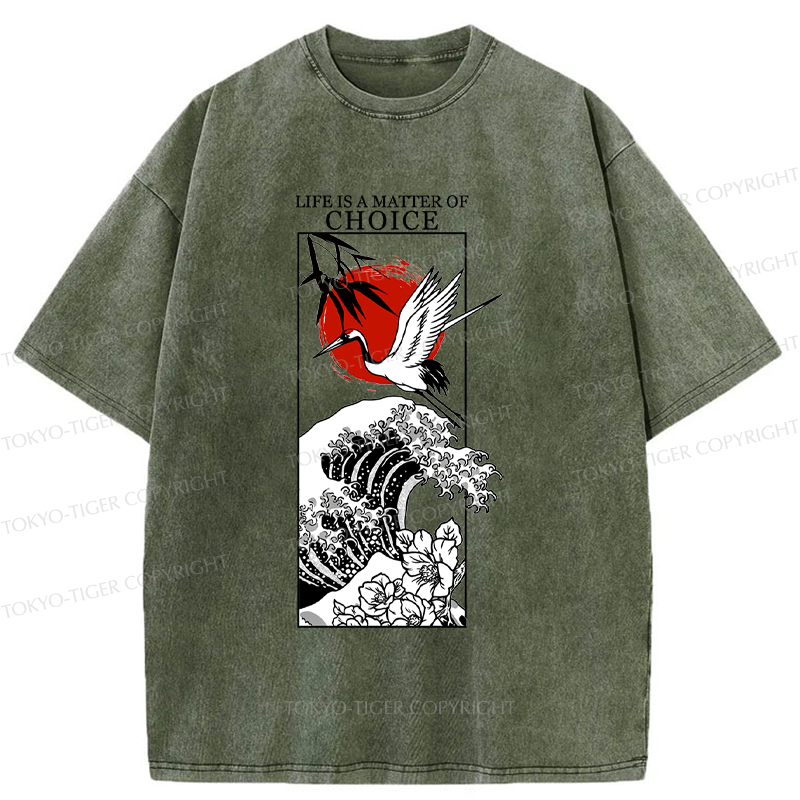 Tokyo-Tiger Japanese Crane And Wave Kanji Washed T-Shirt