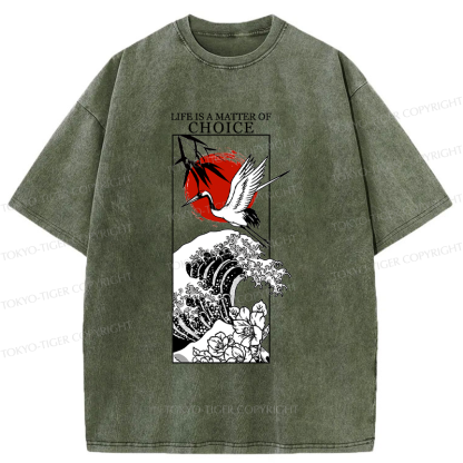 Tokyo-Tiger Japanese Crane And Wave Kanji Washed T-Shirt