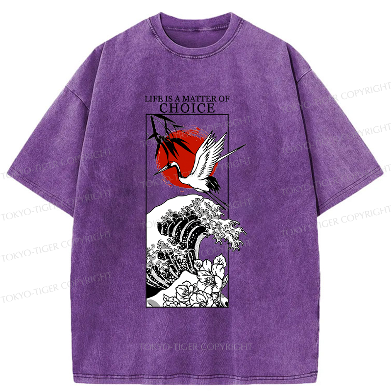 Tokyo-Tiger Japanese Crane And Wave Kanji Washed T-Shirt