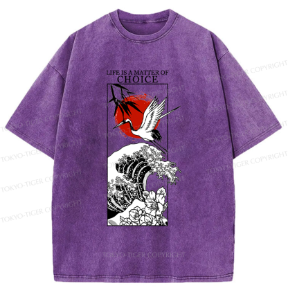 Tokyo-Tiger Japanese Crane And Wave Kanji Washed T-Shirt