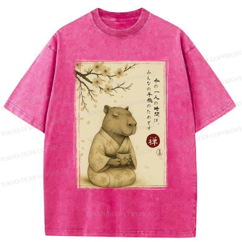 Tokyo-Tiger Japanese Zen Capybara Chado Poster Washed T-Shirt