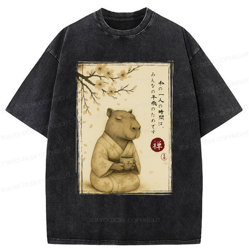 Tokyo-Tiger Japanese Zen Capybara Chado Poster Washed T-Shirt