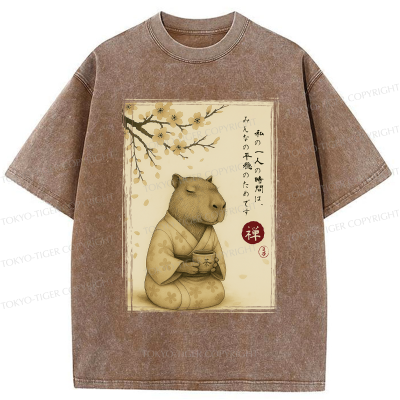 Tokyo-Tiger Japanese Zen Capybara Chado Poster Washed T-Shirt